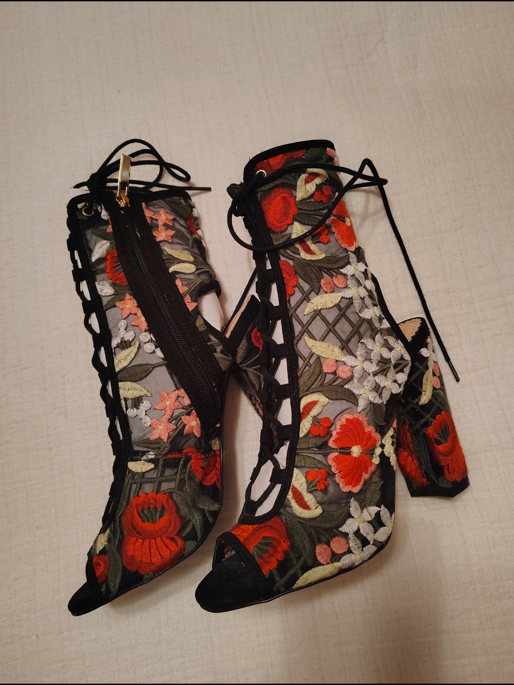 Embroidered Lace-Up Peep-Toe Heels - Black with Red Floral